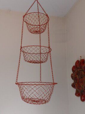 Vintage 3 Tier Red Wire Hanging Kitchen Basket Fruit Vegetable Organizer Plant